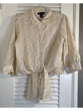 Karen Kane White and Yellow Eyelet Tie-Front Button-Down Shirt